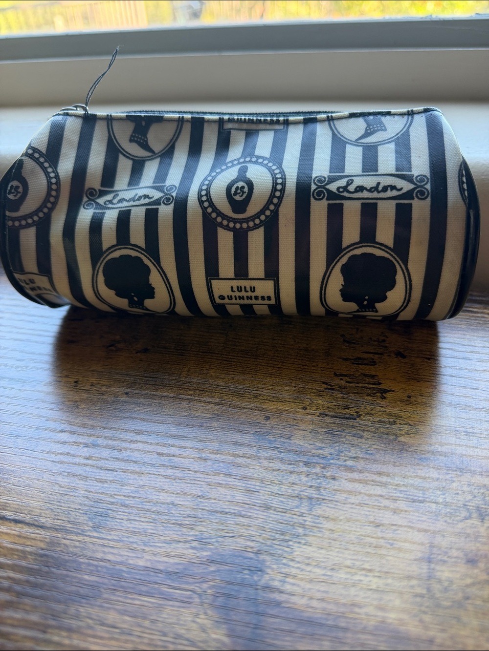 Lulu Guinness Black and Cream Striped Cosmetic Pouch with Cameo Motifs